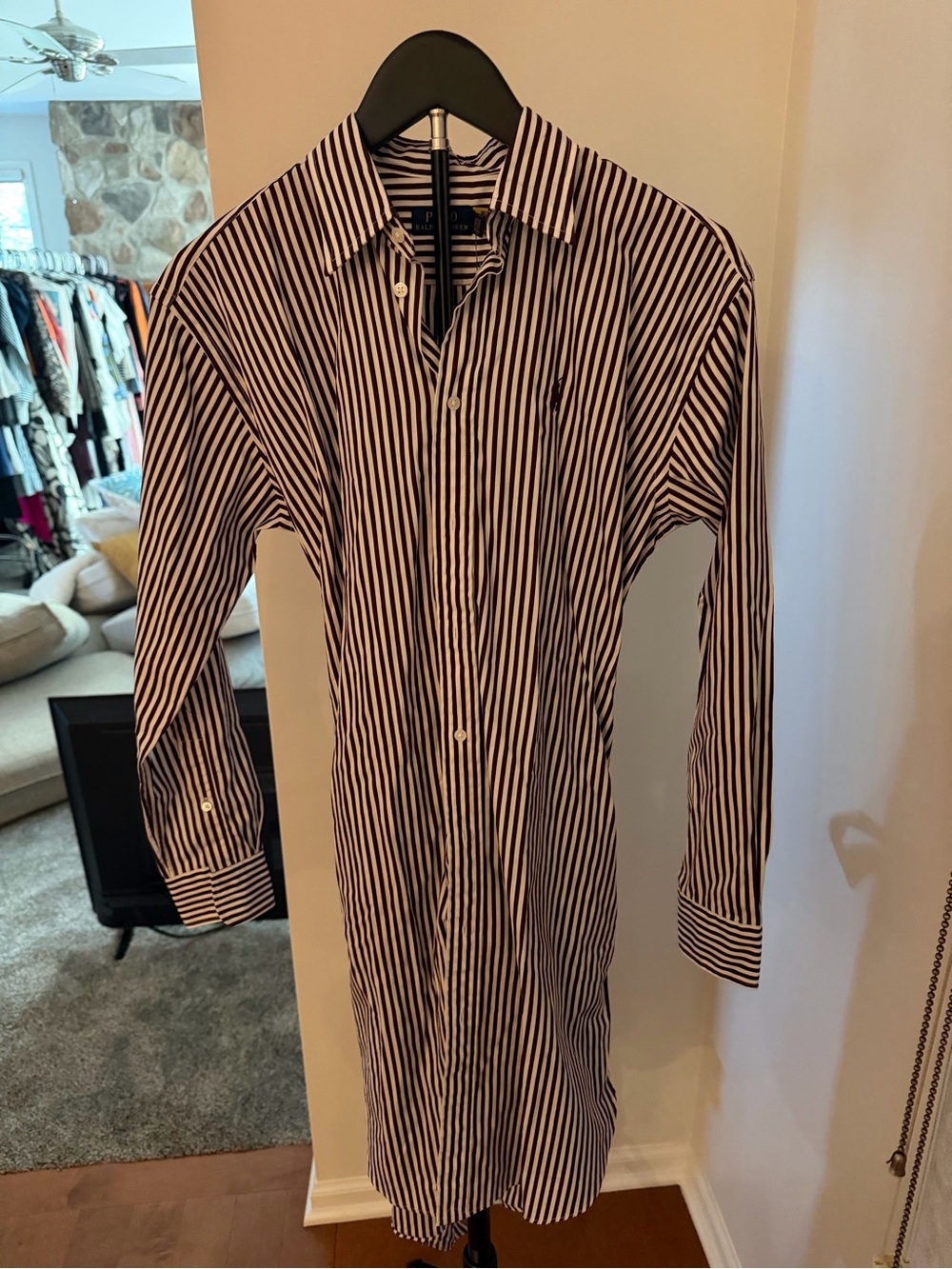 Polo by Ralph Lauren Purple and White Striped Midi Shirt Dress